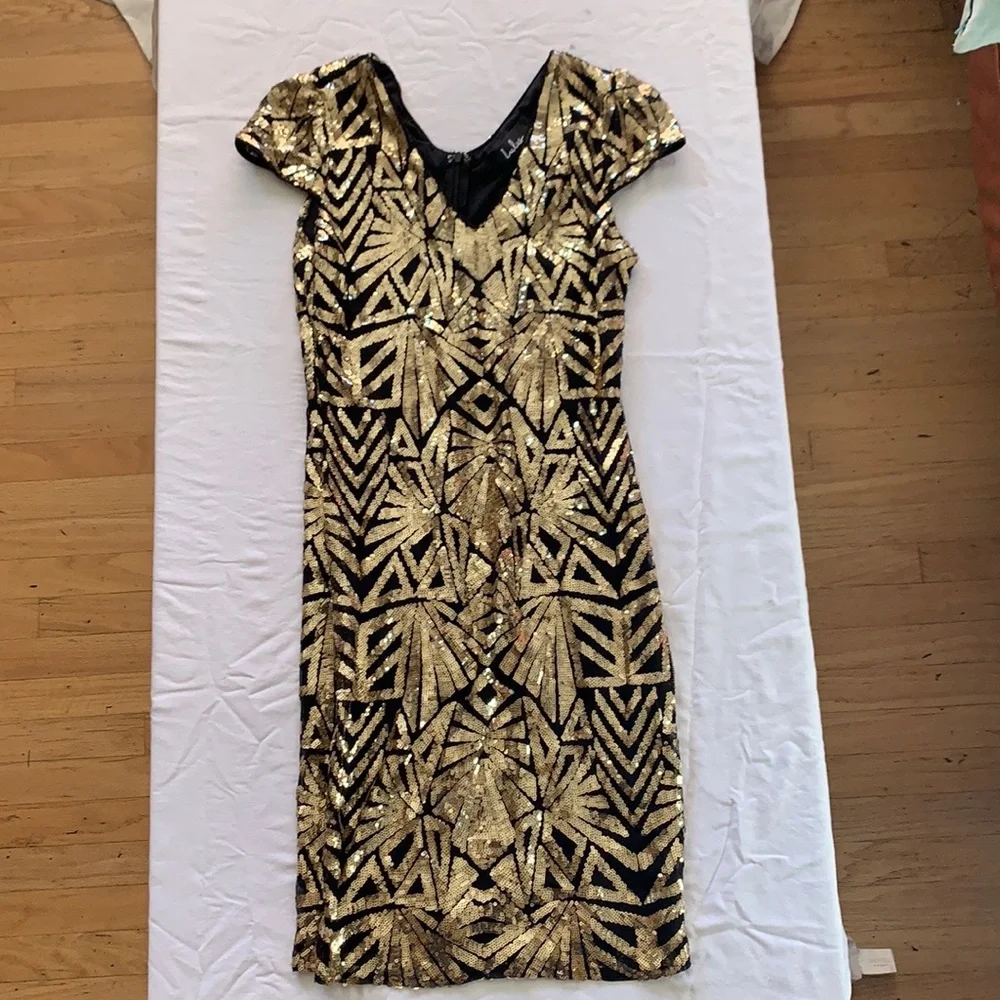 BOGO Lulus Elegant Affair Black & Gold Sequin Print Bodycon Dress - Picture 3 of 6